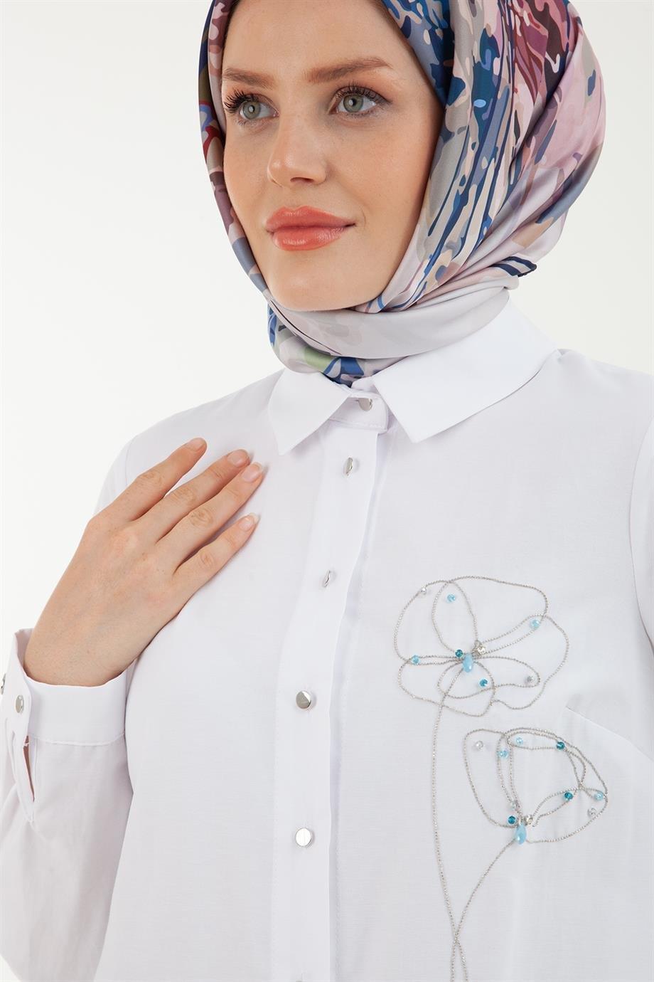 ARMİNE TREND Taşlı Çiçek Desenli Düğmeli Tunik-Beyaz 23YT444