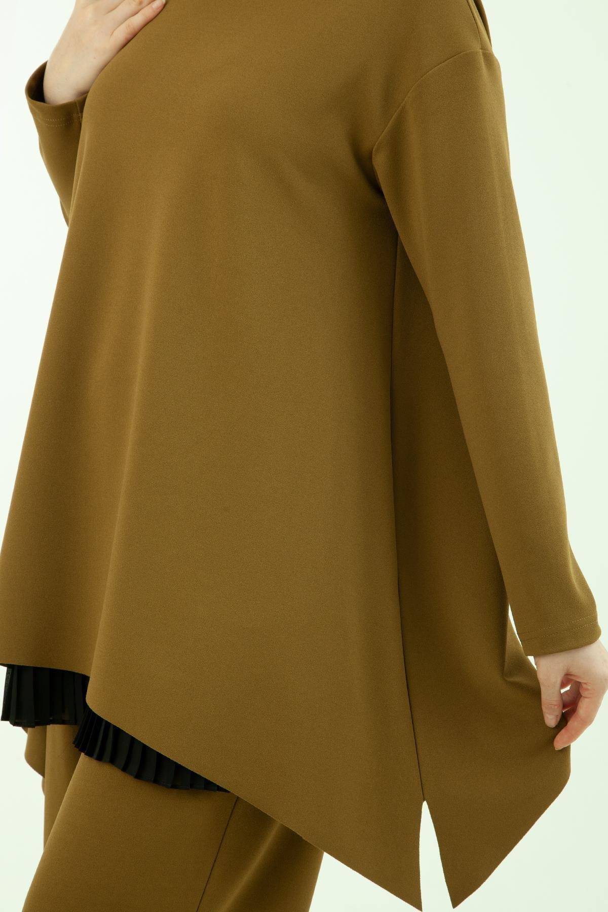 ARMİNE TREND Üçlü Takım Sendi Kumaş Pantolon Beli Lastikli Tunik İç Astarlı  Etek Ucu Piliseli-Y.Yeşil 23KT630