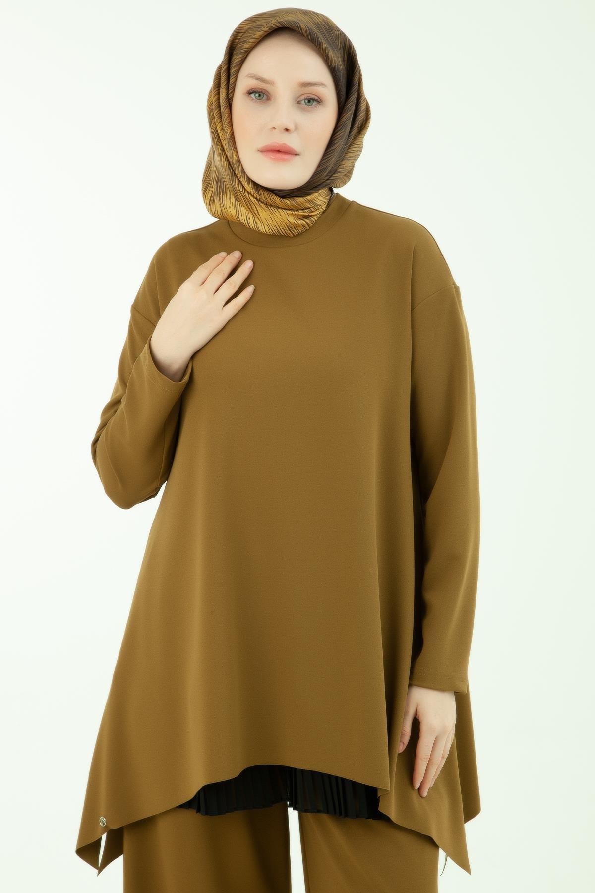 ARMİNE TREND Üçlü Takım Sendi Kumaş Pantolon Beli Lastikli Tunik İç Astarlı  Etek Ucu Piliseli-Y.Yeşil 23KT630