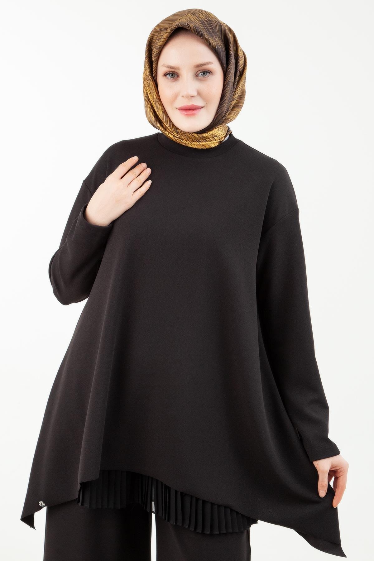 ARMİNE TREND Üçlü Takım Sendi Kumaş Pantolon Beli Lastikli Tunik İç Astarlı  Etek Ucu Piliseli-Siyah 23KT630