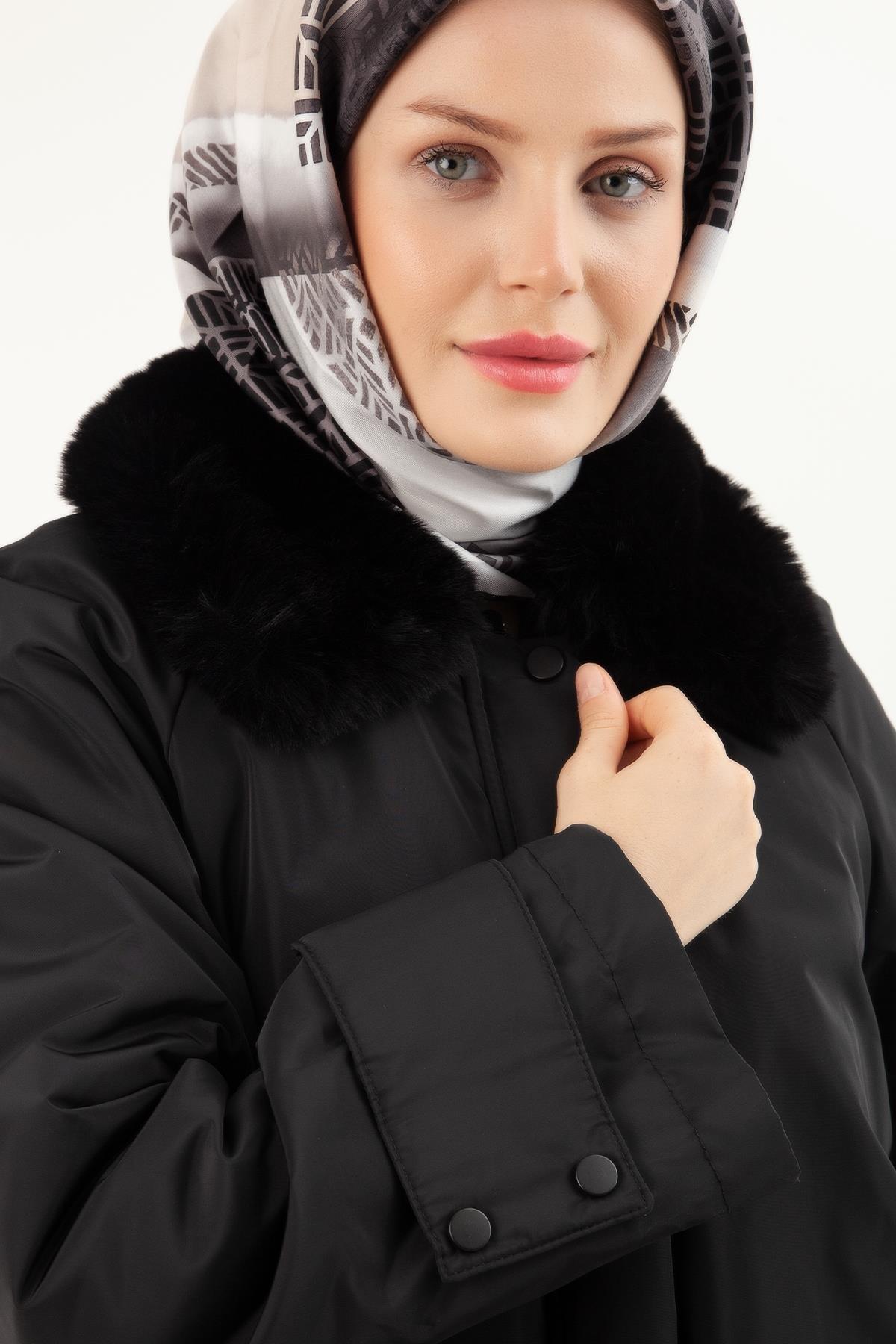 ARMİNE TREND Yağmurluk Kumaş Yakası Kürklü Fermuarlı Kap-Siyah 23KT709