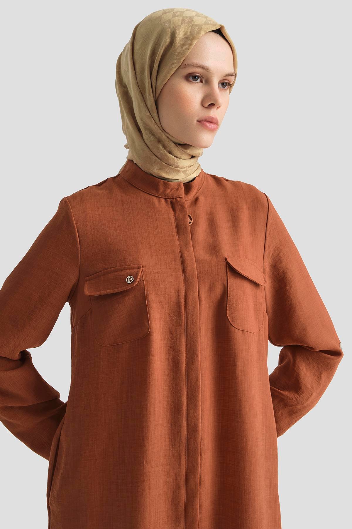 ARMİNE TREND Yakaları Cepli Gizli Fermuarlı Tunik-Kiremit 25YT4138