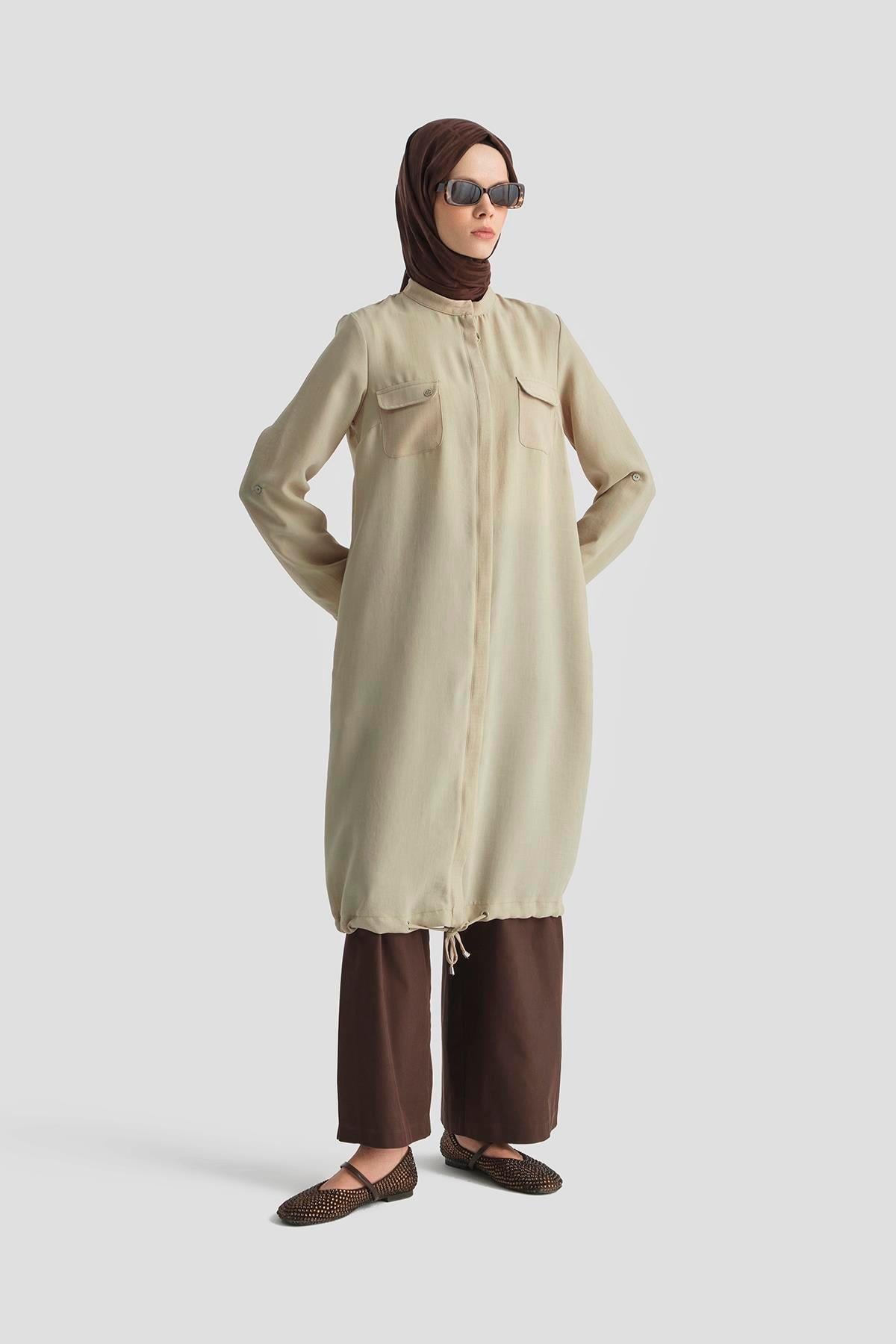 ARMİNE TREND Yakaları Cepli Gizli Fermuarlı Tunik-Bej 25YT4138