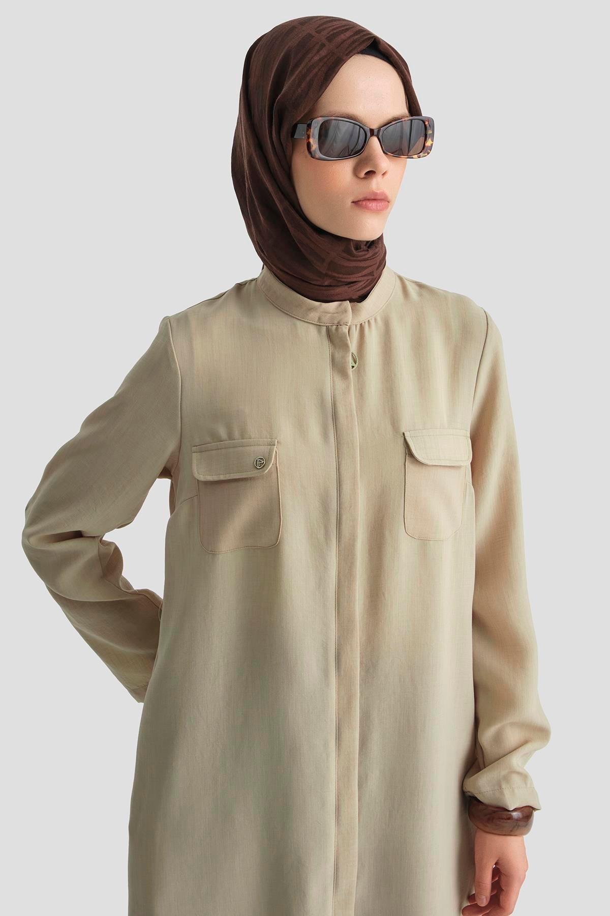ARMİNE TREND Yakaları Cepli Gizli Fermuarlı Tunik-Bej 25YT4138