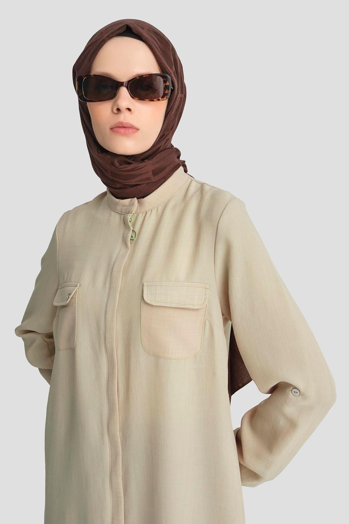 ARMİNE TREND Yakaları Cepli Gizli Fermuarlı Tunik-Bej 25YT4138