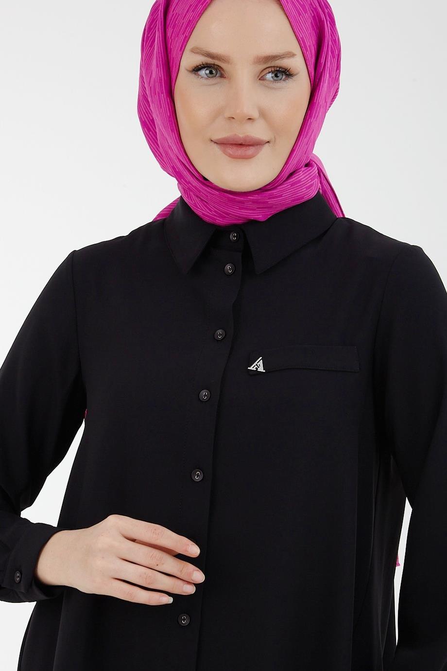 ARMİNE TREND Yakalı Asimetrik Kesimli Gömlek-Siyah