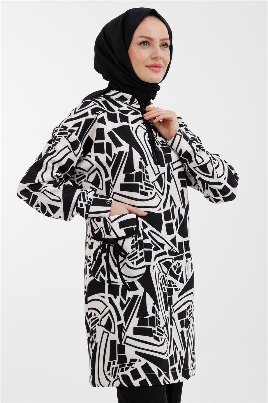 ARMİNE TREND Yakası Fermuarlı Cep Detaylı Scuba Kumaş Tunik-Siyah 22KT427