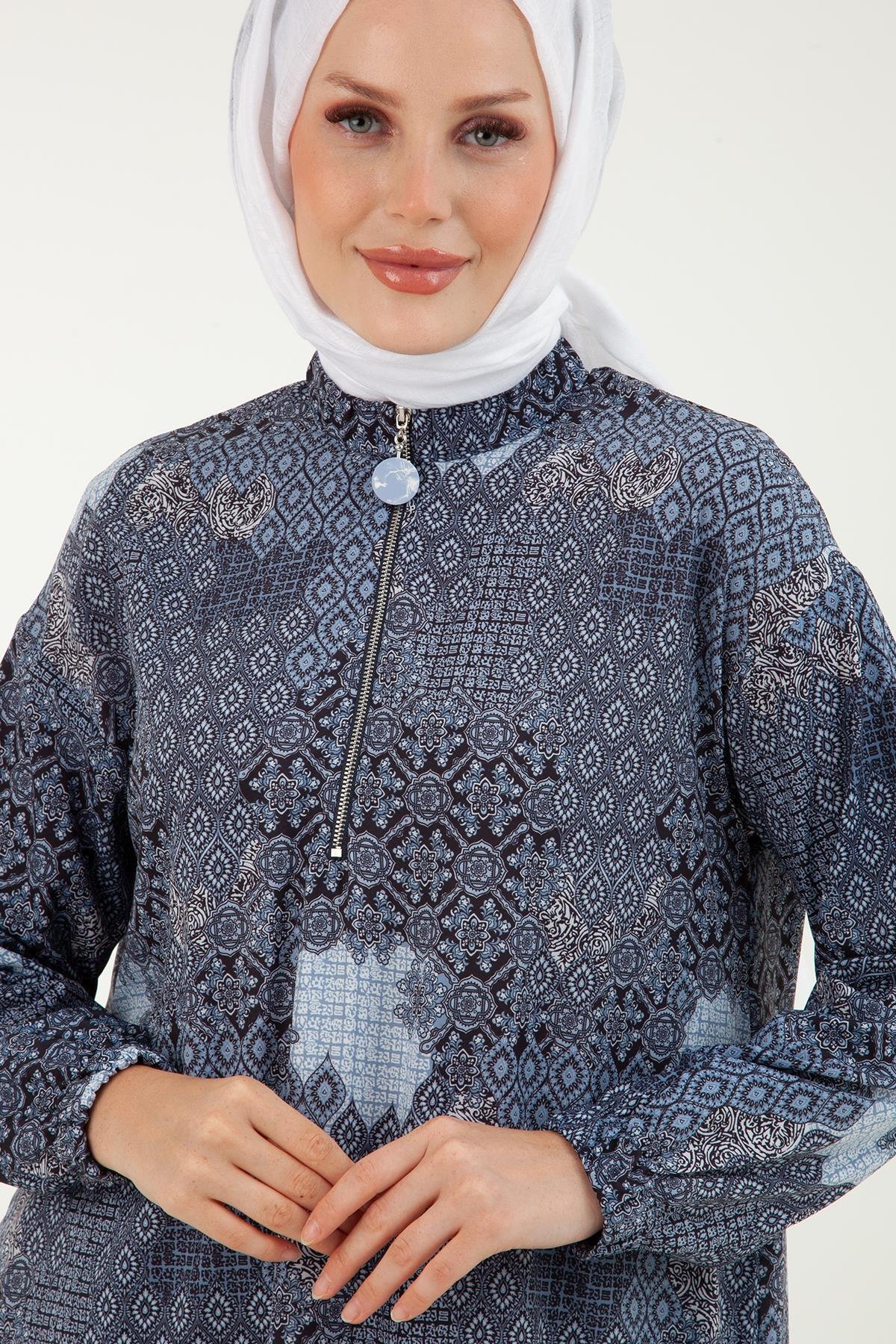 ARMİNE TREND Yakası Fermuarlı Kolları Lastikli Çini Desenli Tunik-Orjinal 23YT467