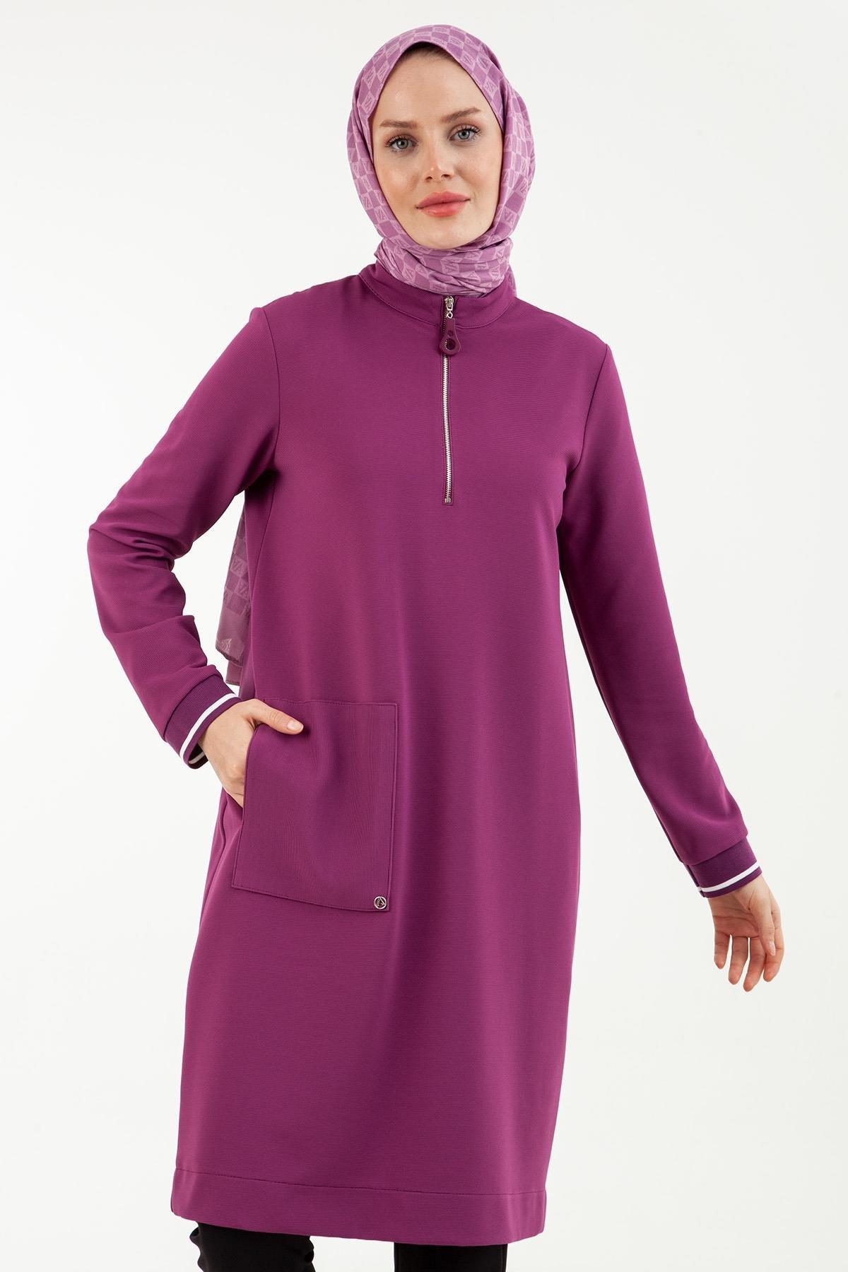 ARMİNE TREND Yakası Fermuarlı Kolları Ribanalı Örme Kumaş Tunik-Erguvan 23KT439