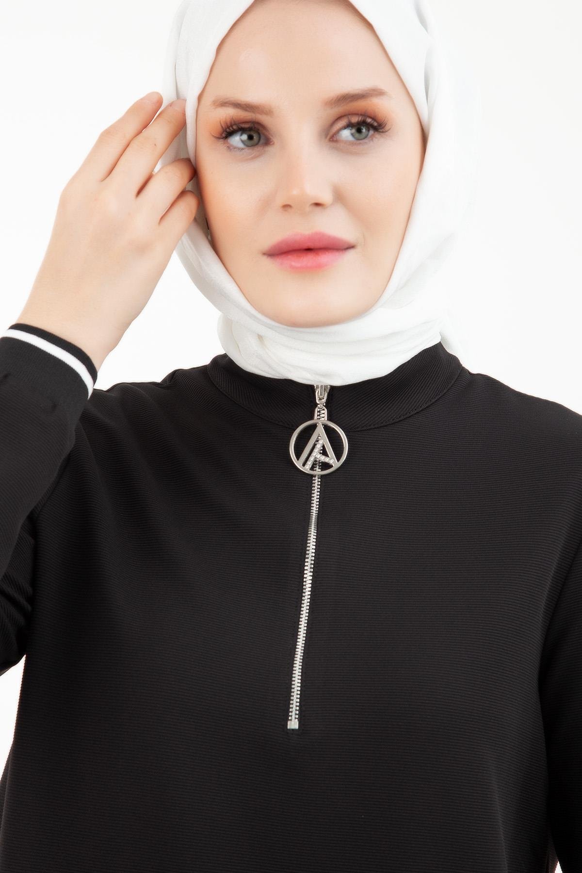 ARMİNE TREND Yakası Fermuarlı Kolları Ribanalı Örme Kumaş Tunik-Siyah 23KT439
