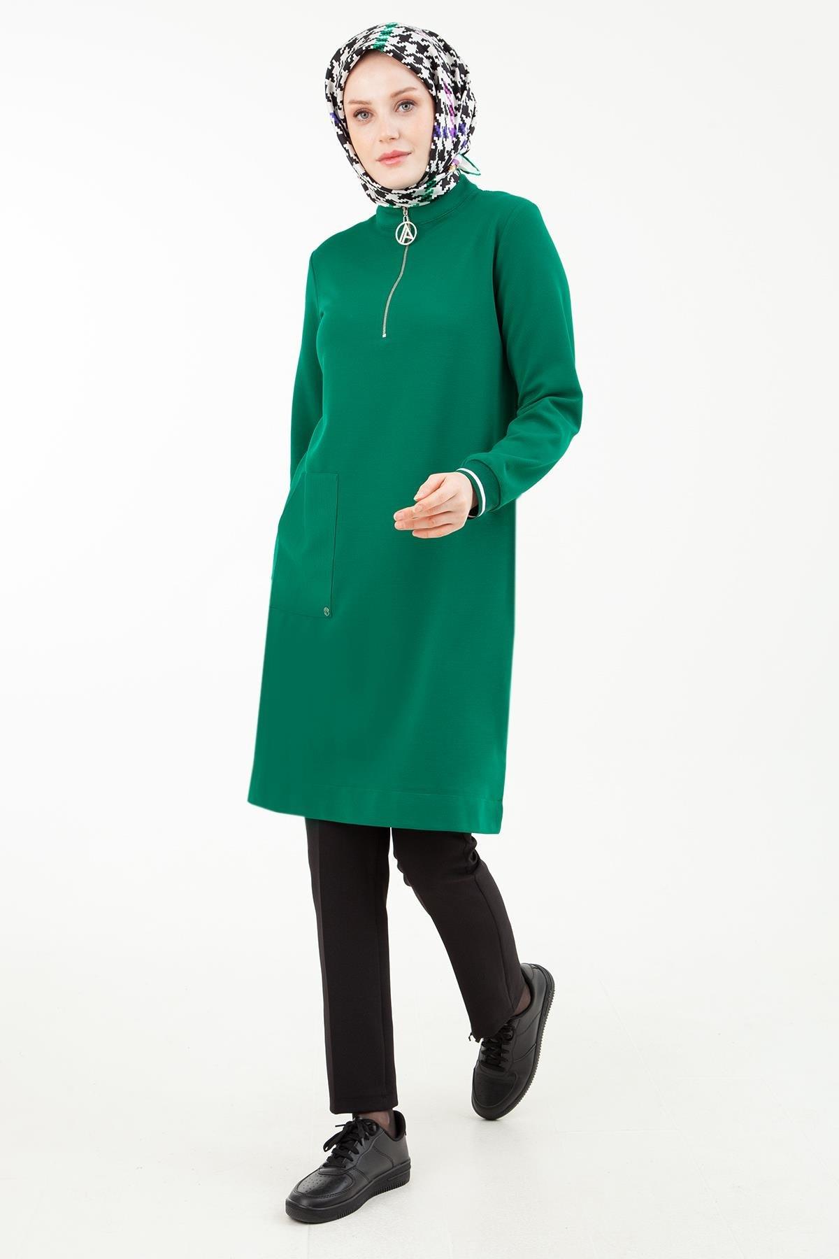 ARMİNE TREND Yakası Fermuarlı Kolları Ribanalı Örme Kumaş Tunik-Yeşil 23KT439