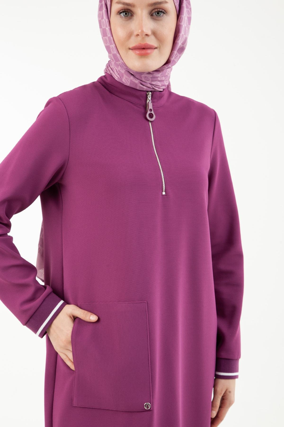 ARMİNE TREND Yakası Fermuarlı Kolları Ribanalı Örme Kumaş Tunik-Erguvan 23KT439