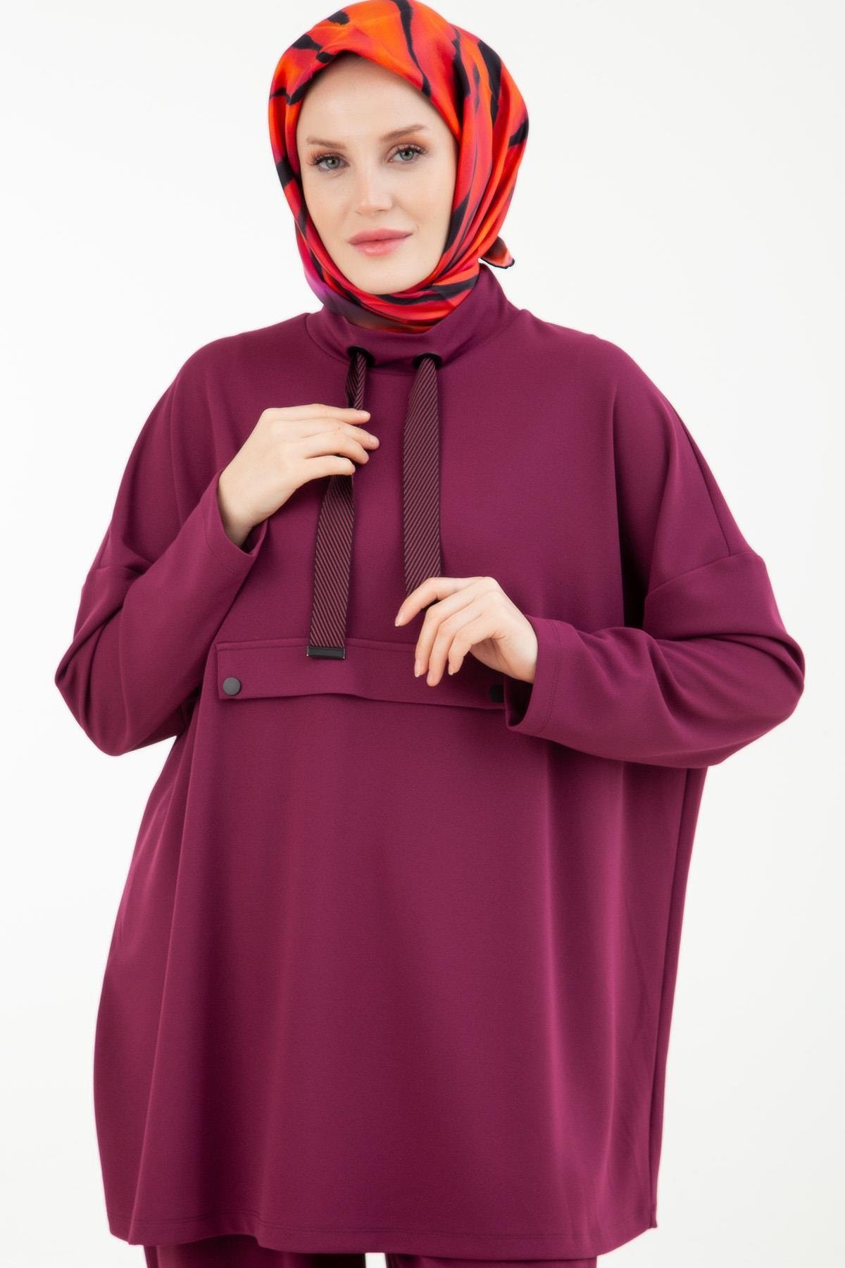 ARMİNE TREND Yakası Grogren Bağcıklı Pantolonlu İkili Takım-Vişne 23KT633