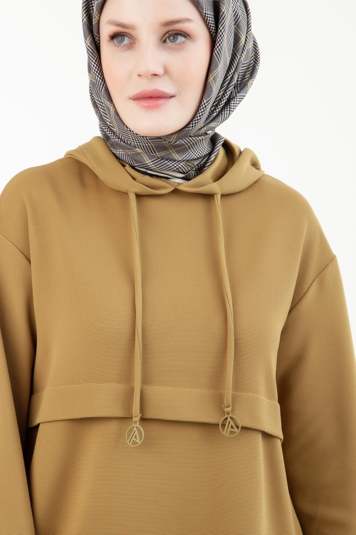 ARMİNE TREND Yandan Cepli Kolları Lastikli Kapüşonlu Tunik-Olive 23KT446