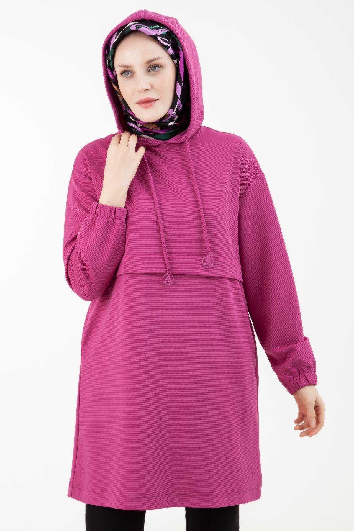 ARMİNE TREND Yandan Cepli Kolları Lastikli Kapüşonlu Tunik-Erguvan 23KT446