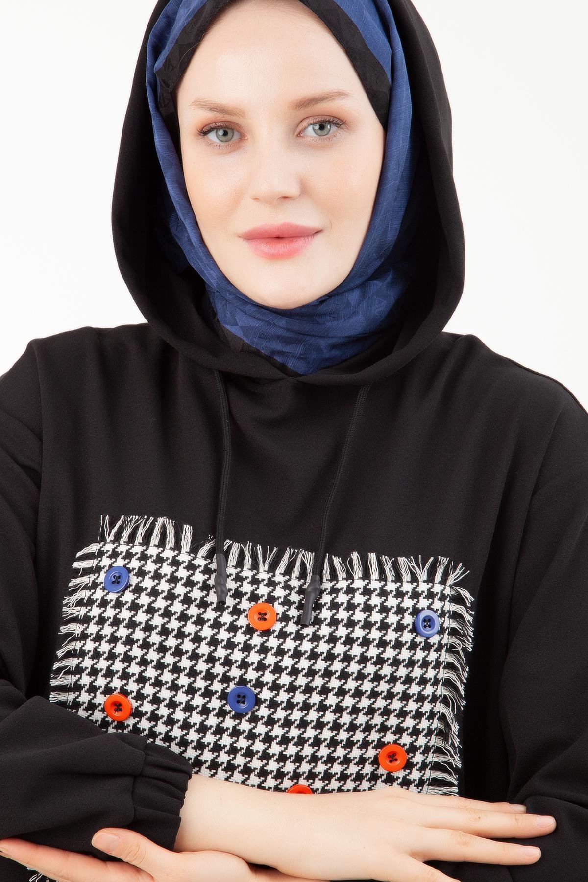 ARMİNE TREND Yandan Cepli Kolları Lastikli Kapüşonlu Tunik-Siyah 23KT420