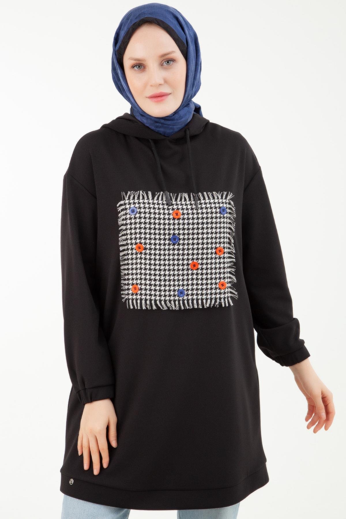 ARMİNE TREND Yandan Cepli Kolları Lastikli Kapüşonlu Tunik-Siyah 23KT420