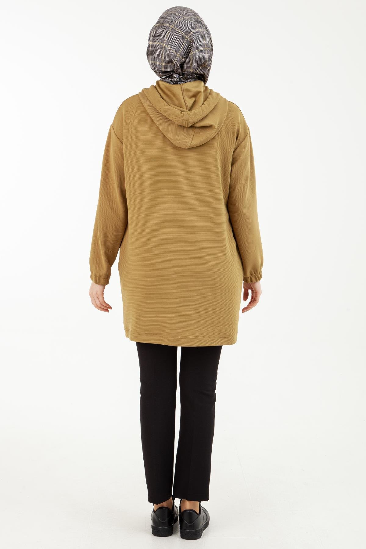 ARMİNE TREND Yandan Cepli Kolları Lastikli Kapüşonlu Tunik-Olive 23KT446
