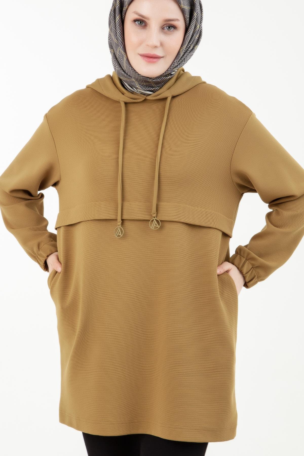 ARMİNE TREND Yandan Cepli Kolları Lastikli Kapüşonlu Tunik-Olive 23KT446