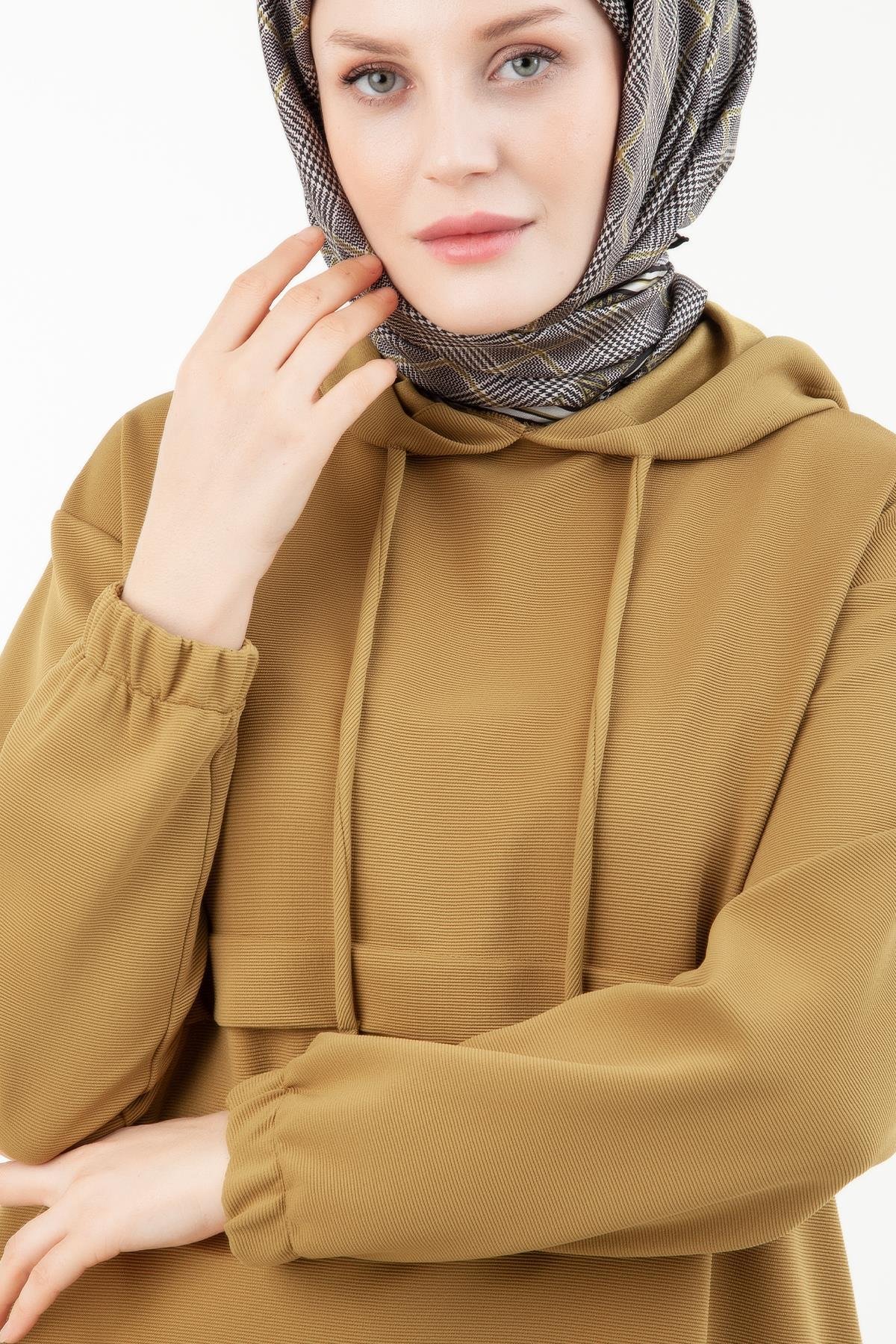 ARMİNE TREND Yandan Cepli Kolları Lastikli Kapüşonlu Tunik-Olive 23KT446