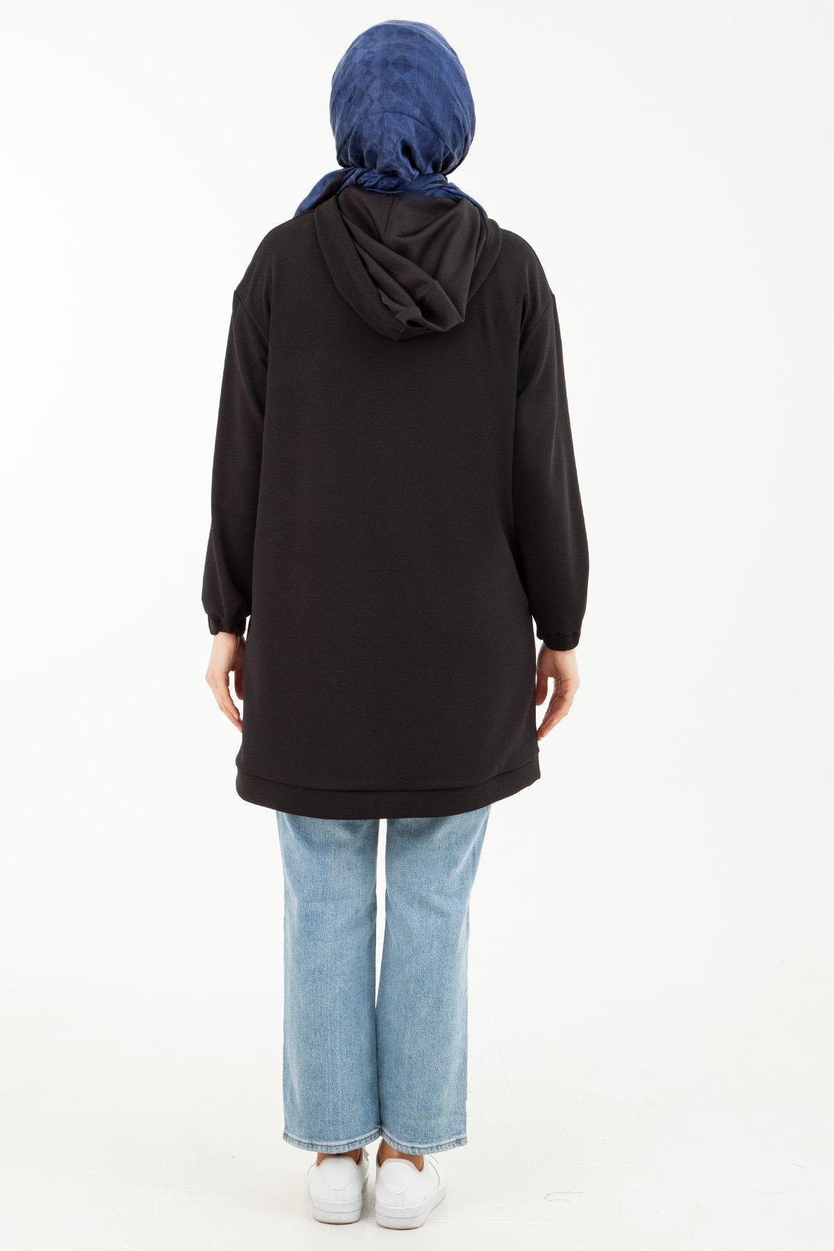 ARMİNE TREND Yandan Cepli Kolları Lastikli Kapüşonlu Tunik-Siyah 23KT420