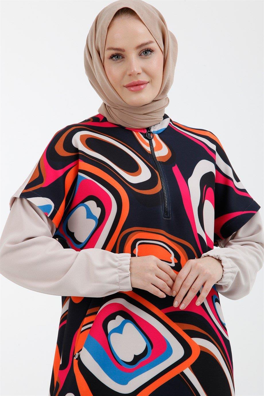 ARMİNE TREND Yanlar Cepli Kolları Lastikli Scuba Kumaş Tunik-Siyah-Fuşya 22KT421