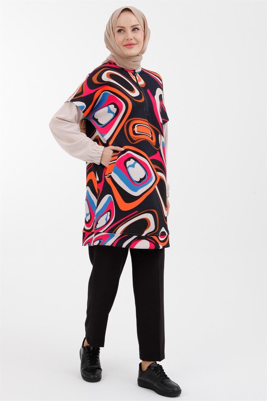 ARMİNE TREND Yanlar Cepli Kolları Lastikli Scuba Kumaş Tunik-Siyah-Fuşya 22KT421
