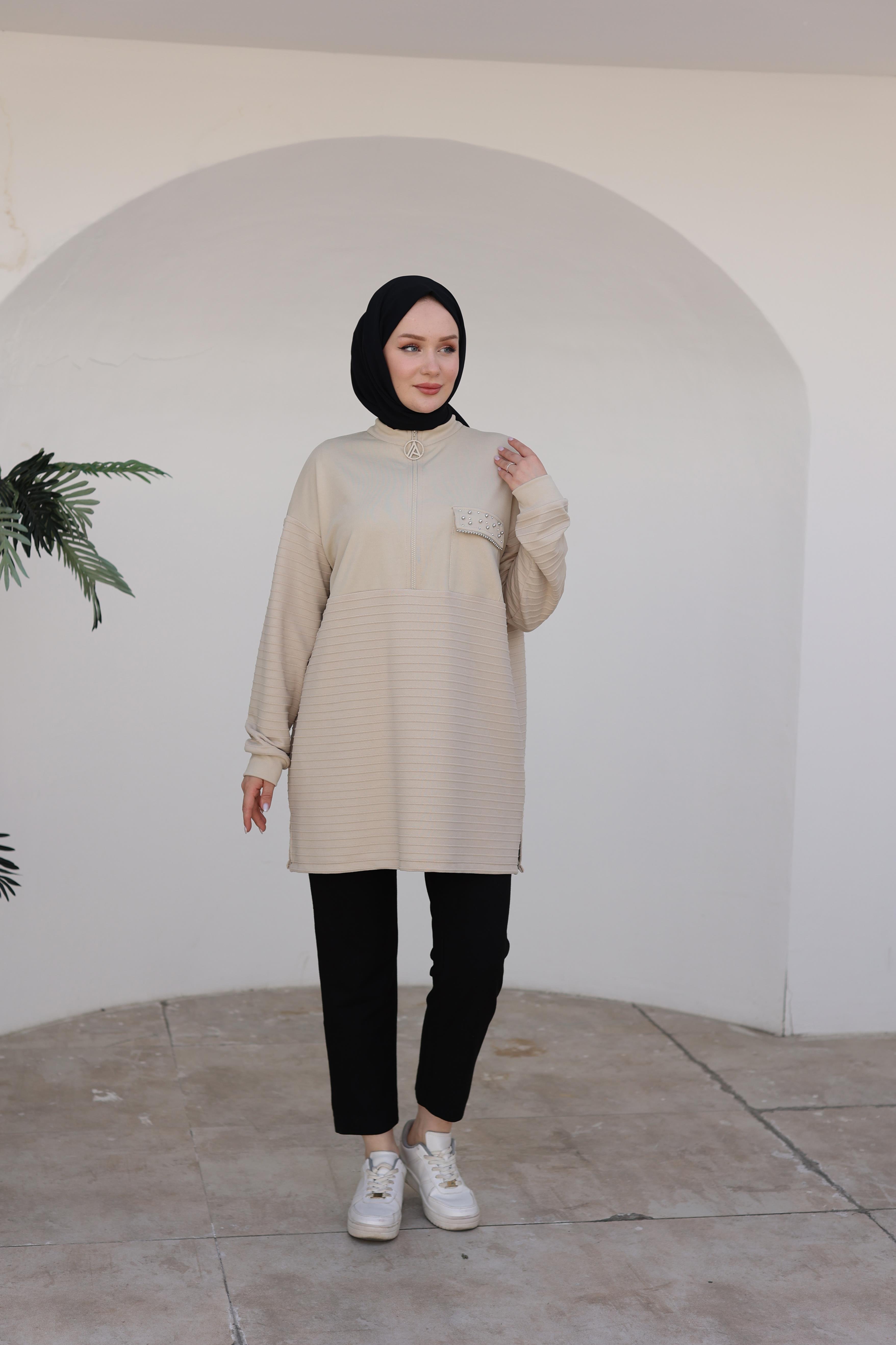 ARMİNE TREND Yarım Fermuarlı Cebi Taş Detaylı Tunik-Bej 24KT423
