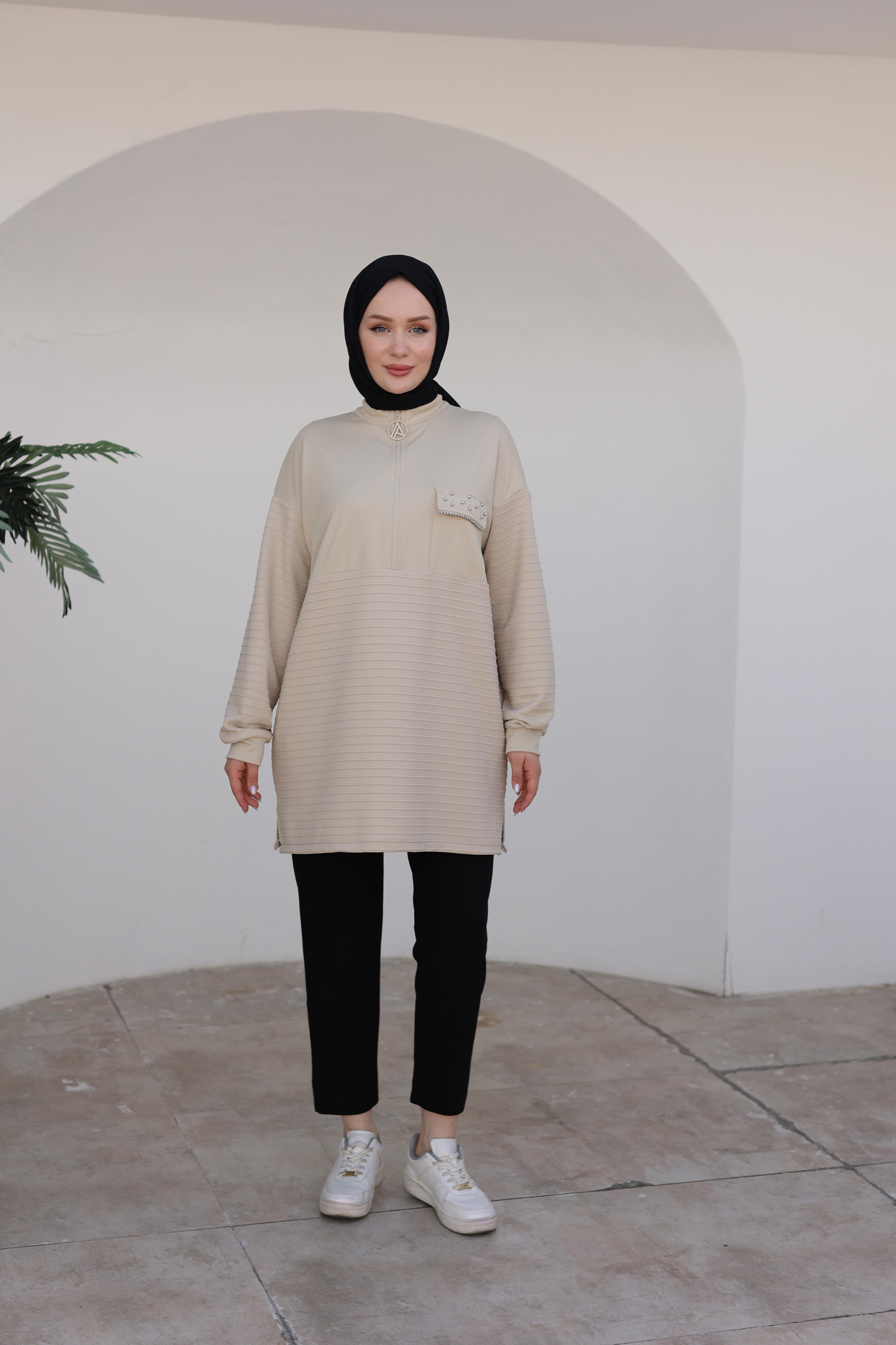 ARMİNE TREND Yarım Fermuarlı Cebi Taş Detaylı Tunik-Bej 24KT423