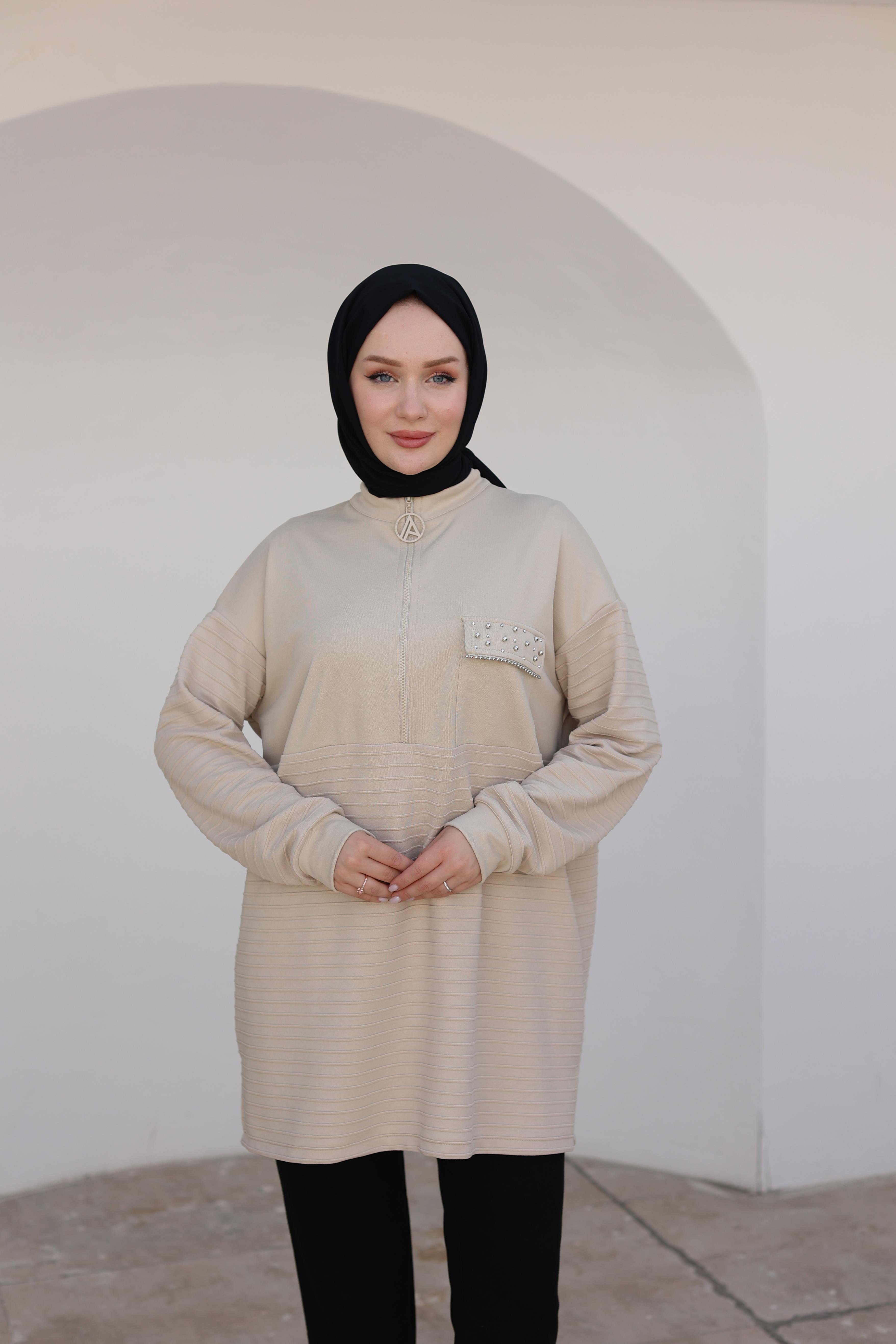 ARMİNE TREND Yarım Fermuarlı Cebi Taş Detaylı Tunik-Bej 24KT423