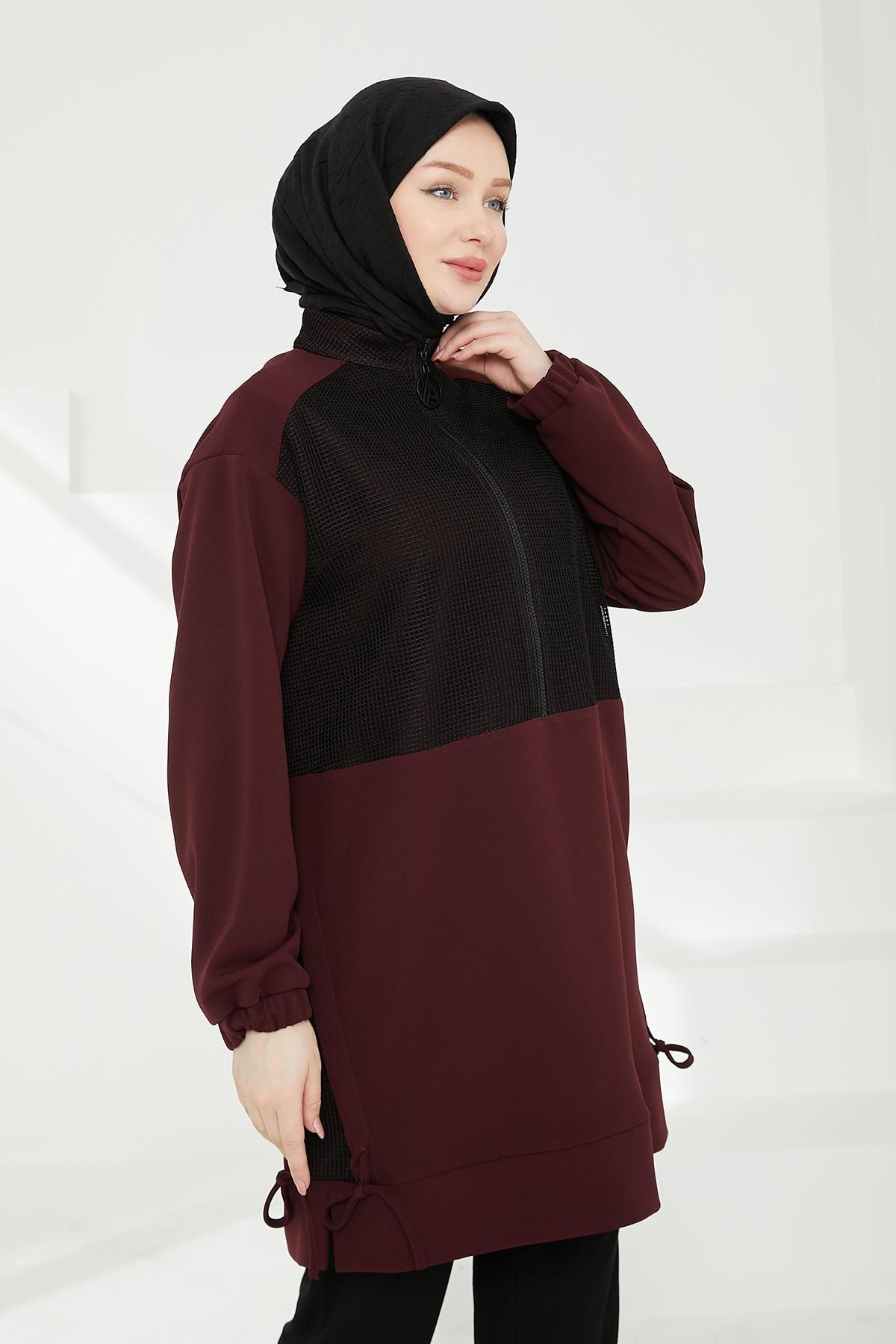 ARMİNE TREND Yarım Fermuarlı File Detaylı Tunik-Bordo 24KT434