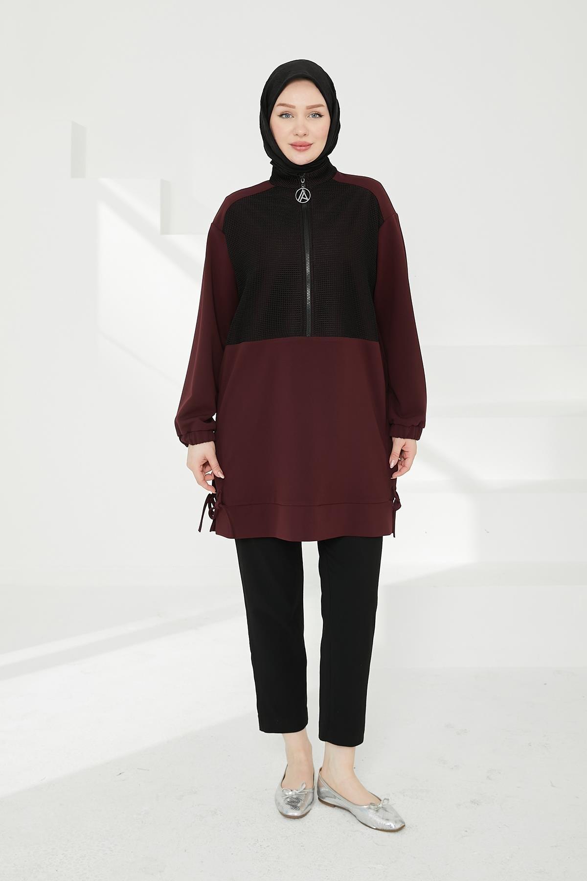 ARMİNE TREND Yarım Fermuarlı File Detaylı Tunik-Bordo 24KT434