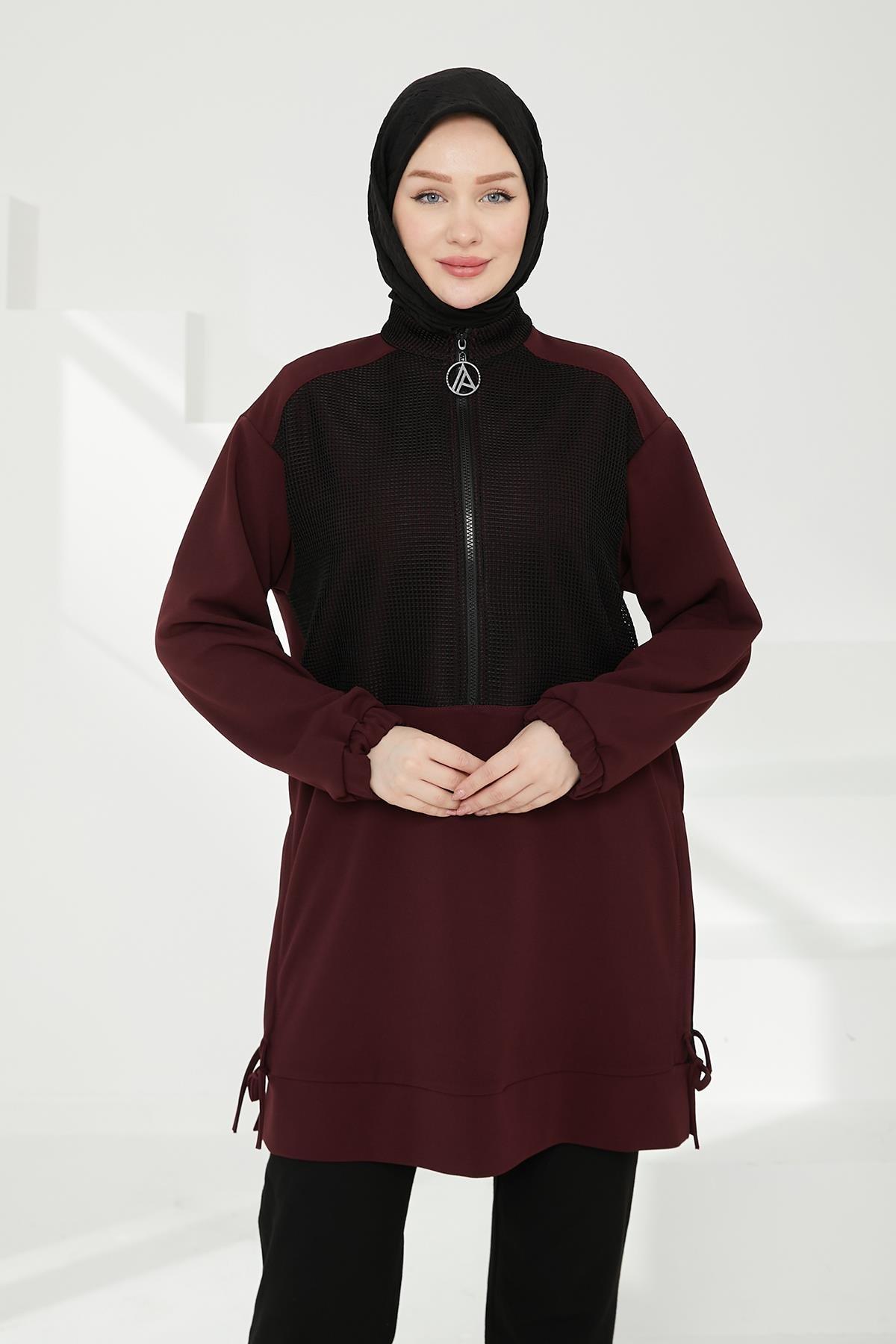 ARMİNE TREND Yarım Fermuarlı File Detaylı Tunik-Bordo 24KT434