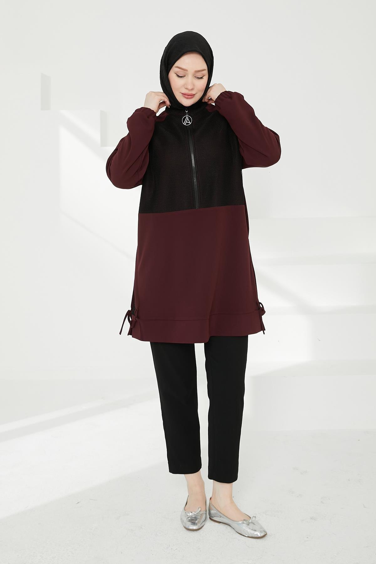 ARMİNE TREND Yarım Fermuarlı File Detaylı Tunik-Bordo 24KT434