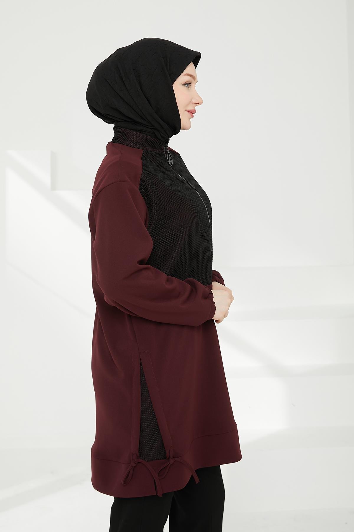 ARMİNE TREND Yarım Fermuarlı File Detaylı Tunik-Bordo 24KT434
