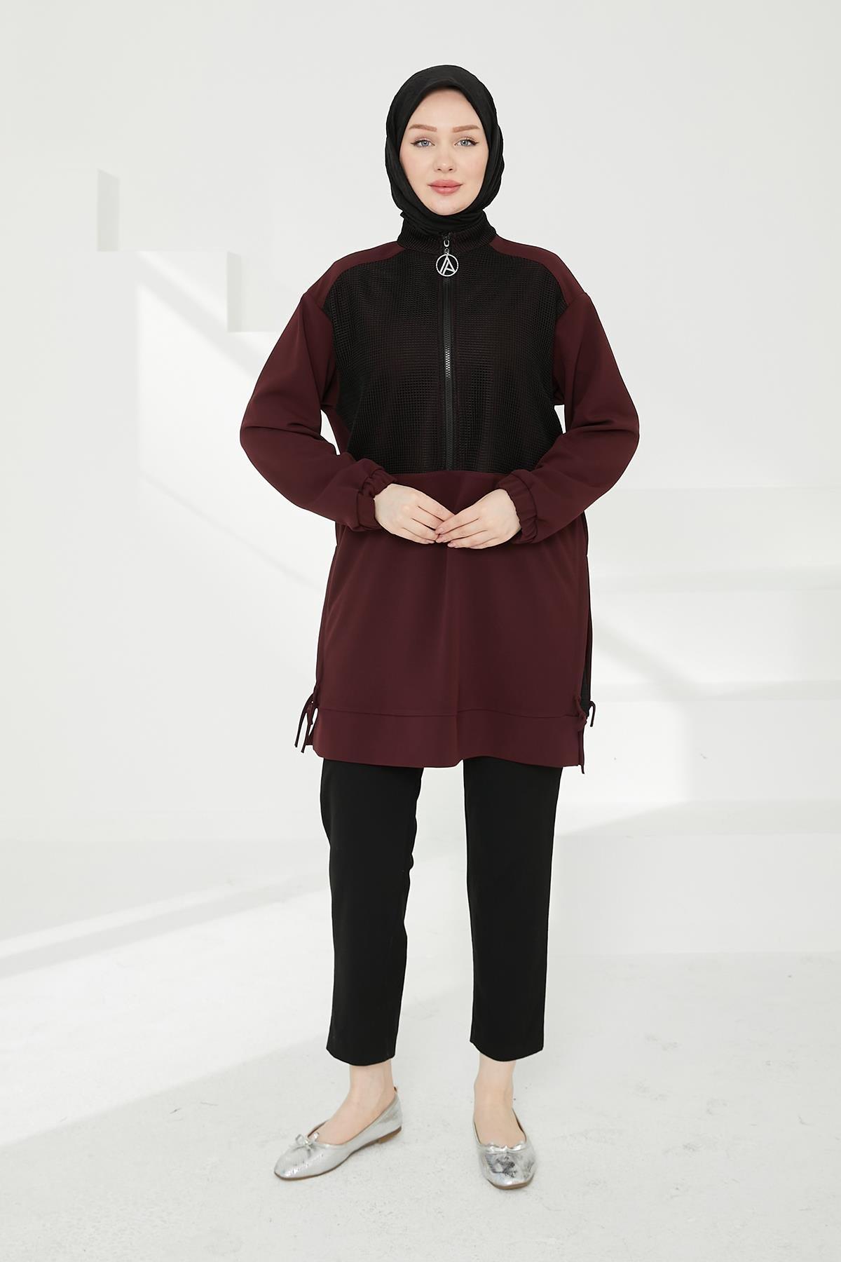 ARMİNE TREND Yarım Fermuarlı File Detaylı Tunik-Bordo 24KT434