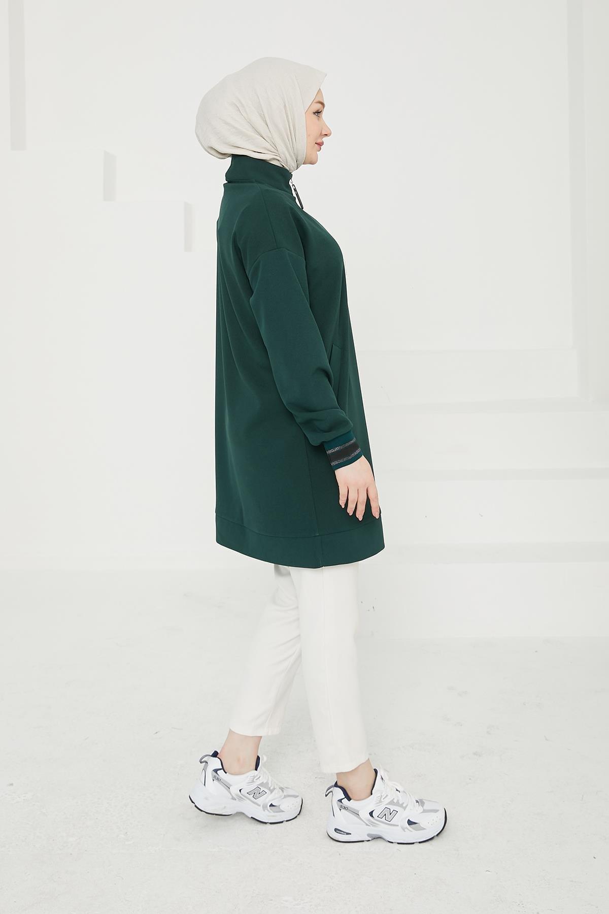 ARMİNE TREND Yarım Fermuarlı Kolları Ribanalı Tunik-Zümrüt 24KT480