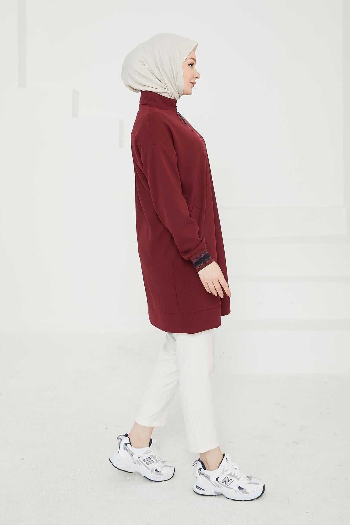 ARMİNE TREND Yarım Fermuarlı Kolları Ribanalı Tunik-Bordo 24KT480