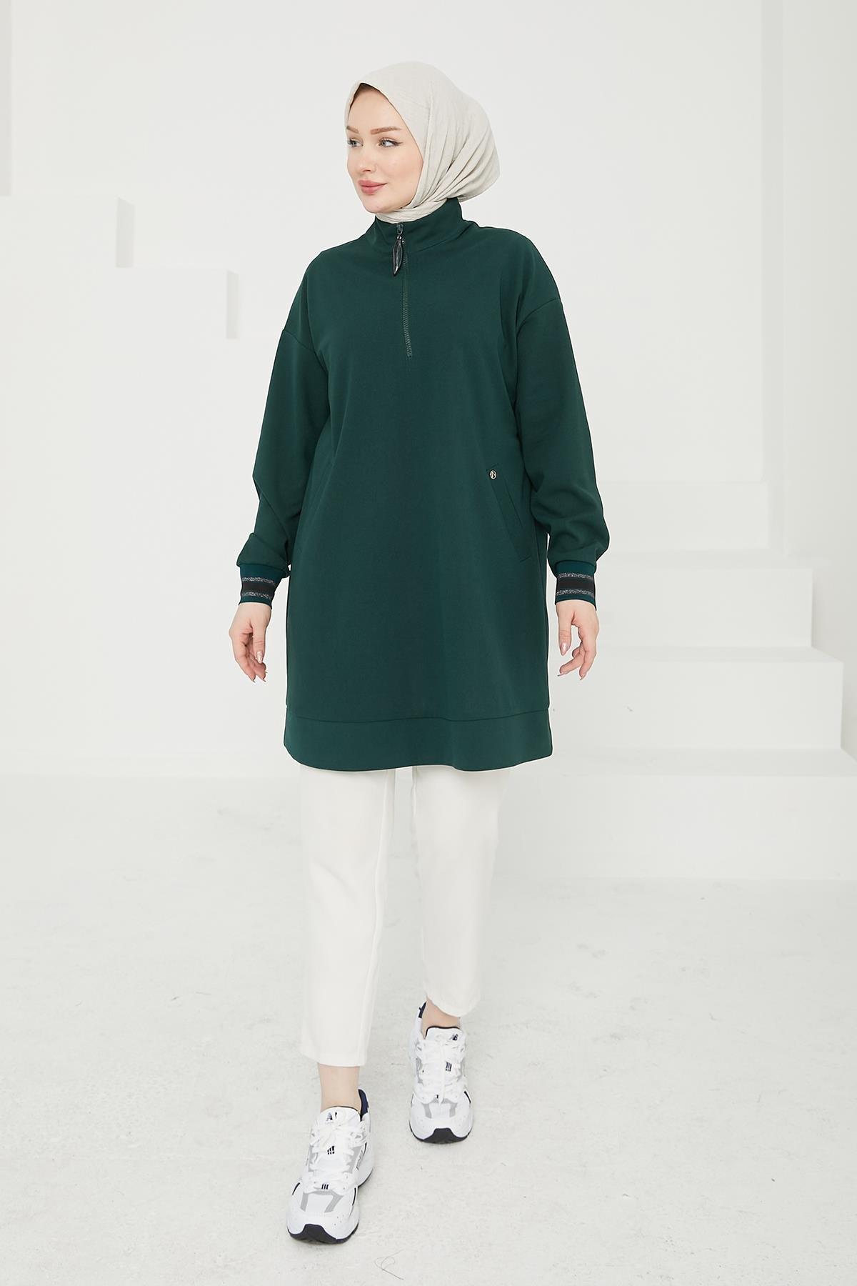ARMİNE TREND Yarım Fermuarlı Kolları Ribanalı Tunik-Zümrüt 24KT480