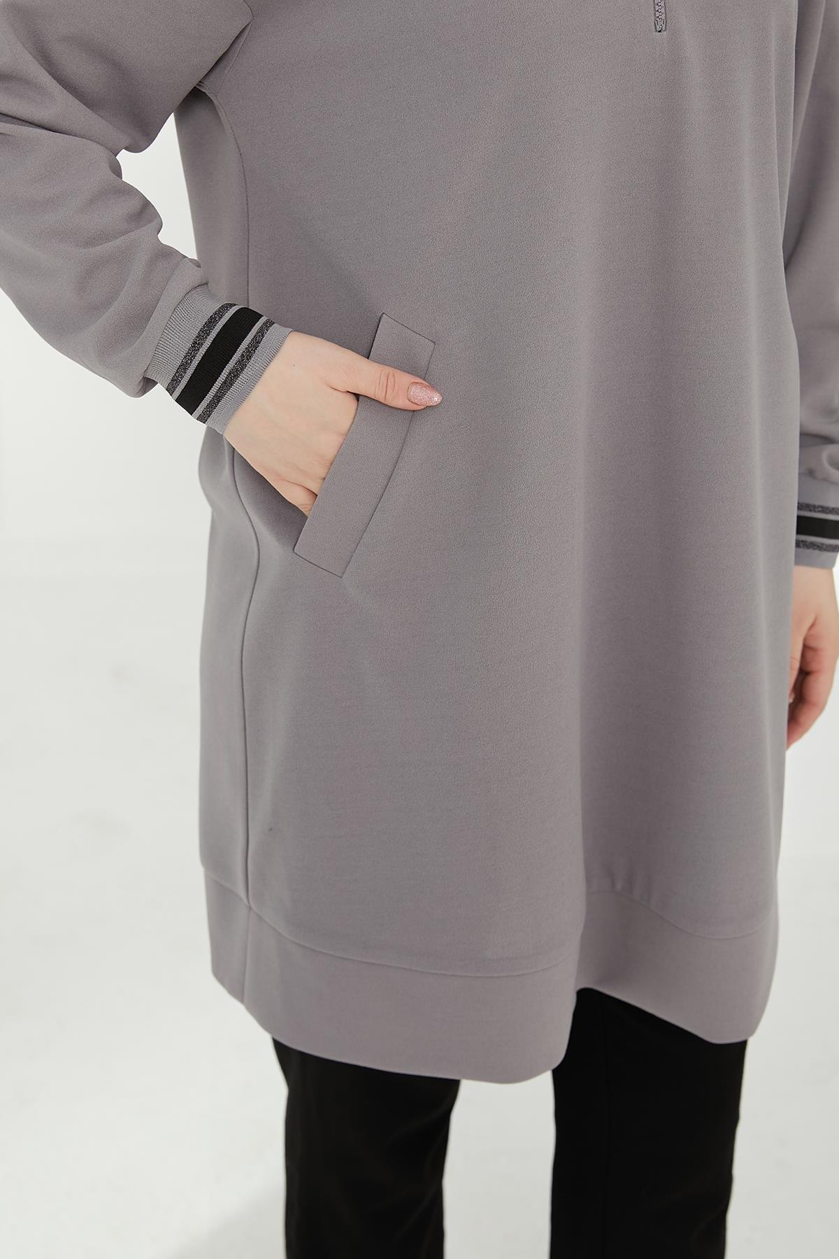 ARMİNE TREND Yarım Fermuarlı Kolları Ribanalı Tunik-Gri 24KT480