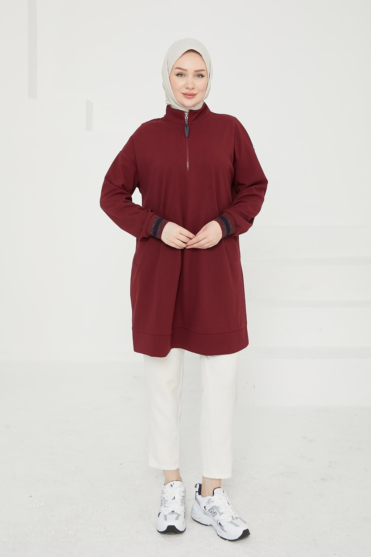 ARMİNE TREND Yarım Fermuarlı Kolları Ribanalı Tunik-Bordo 24KT480