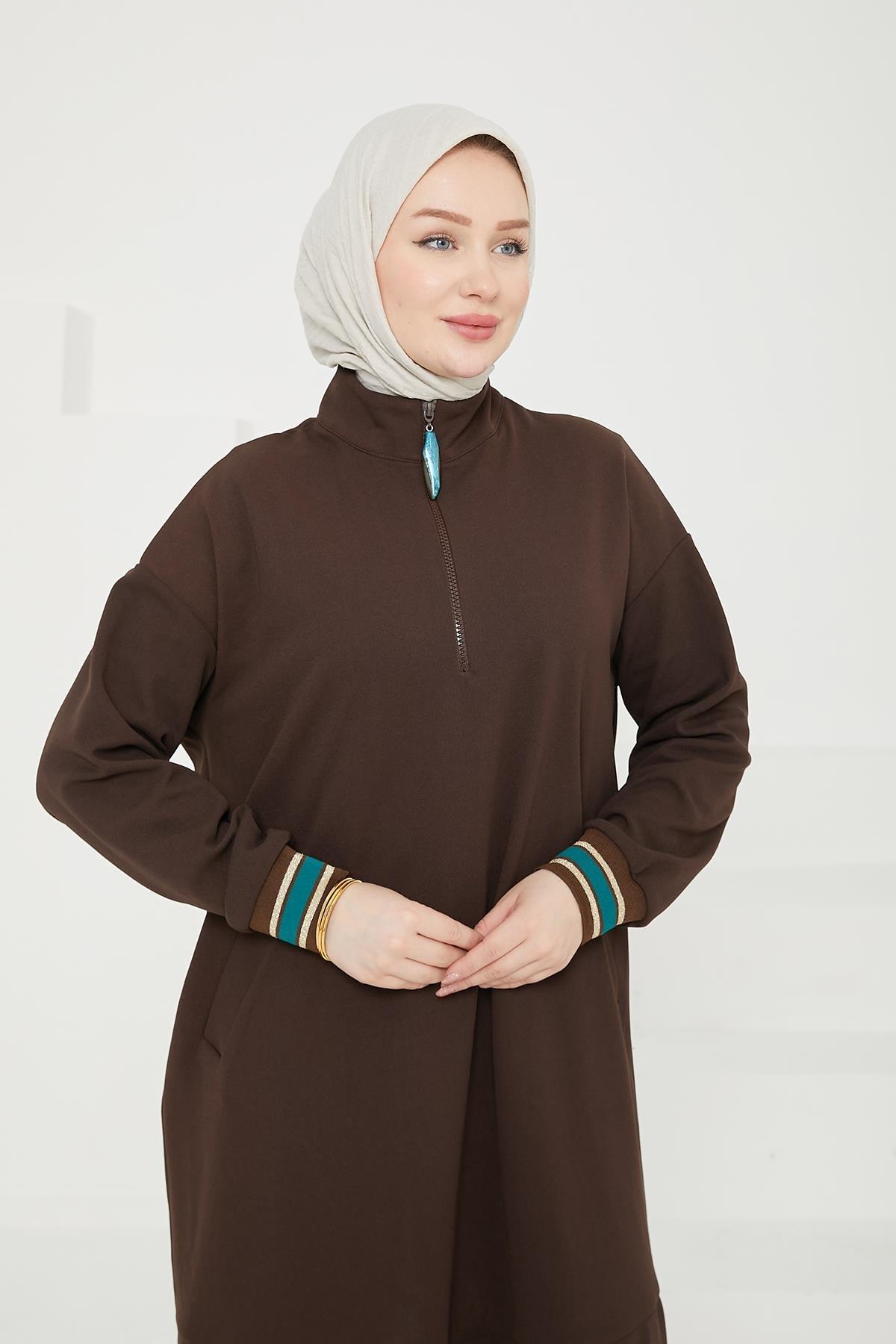 ARMİNE TREND Yarım Fermuarlı Kolları Ribanalı Tunik-Acı Kahve 24KT480
