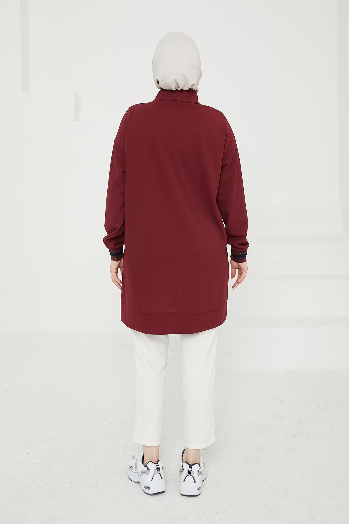 ARMİNE TREND Yarım Fermuarlı Kolları Ribanalı Tunik-Bordo 24KT480