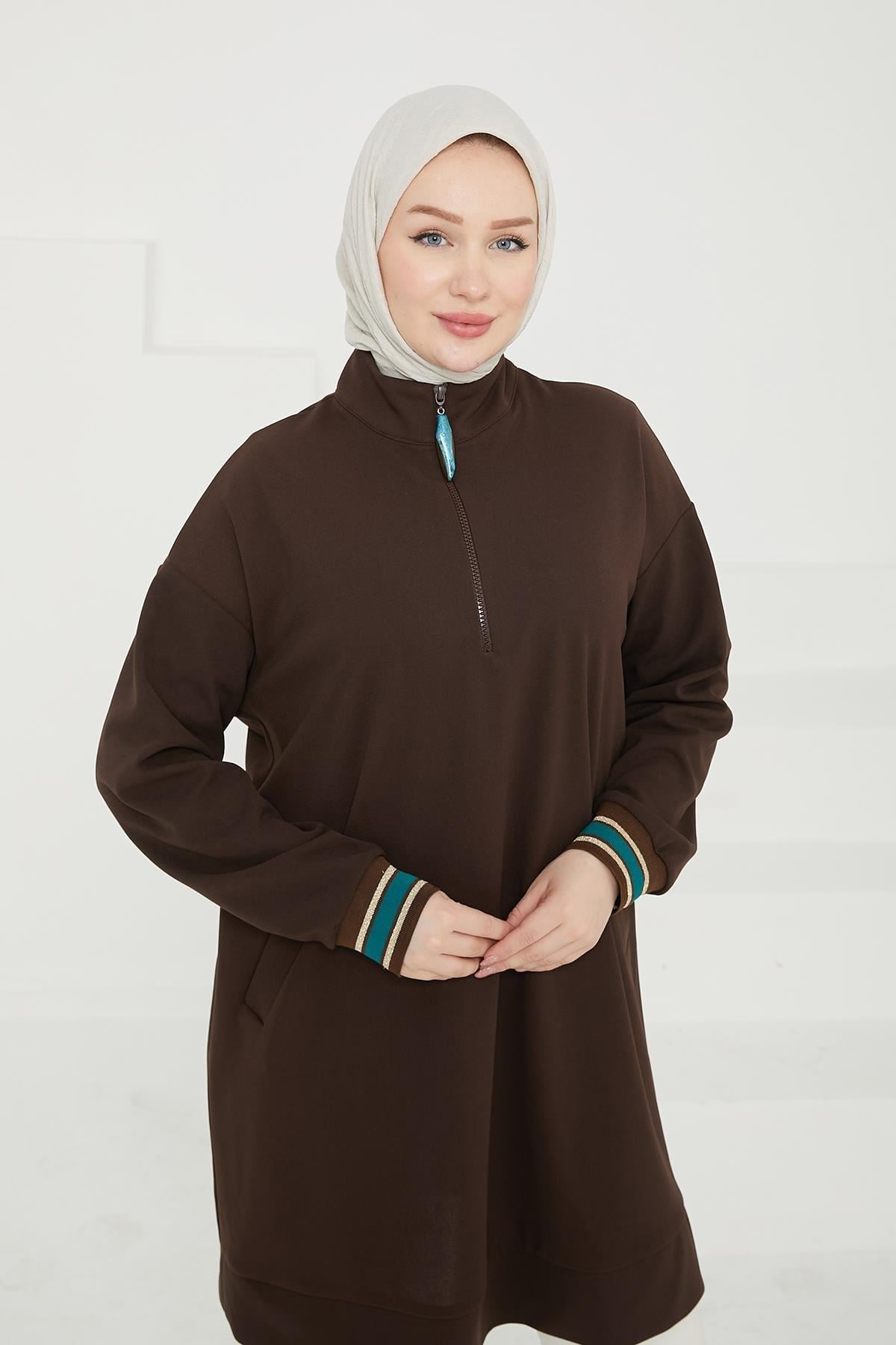 ARMİNE TREND Yarım Fermuarlı Kolları Ribanalı Tunik-Acı Kahve 24KT480