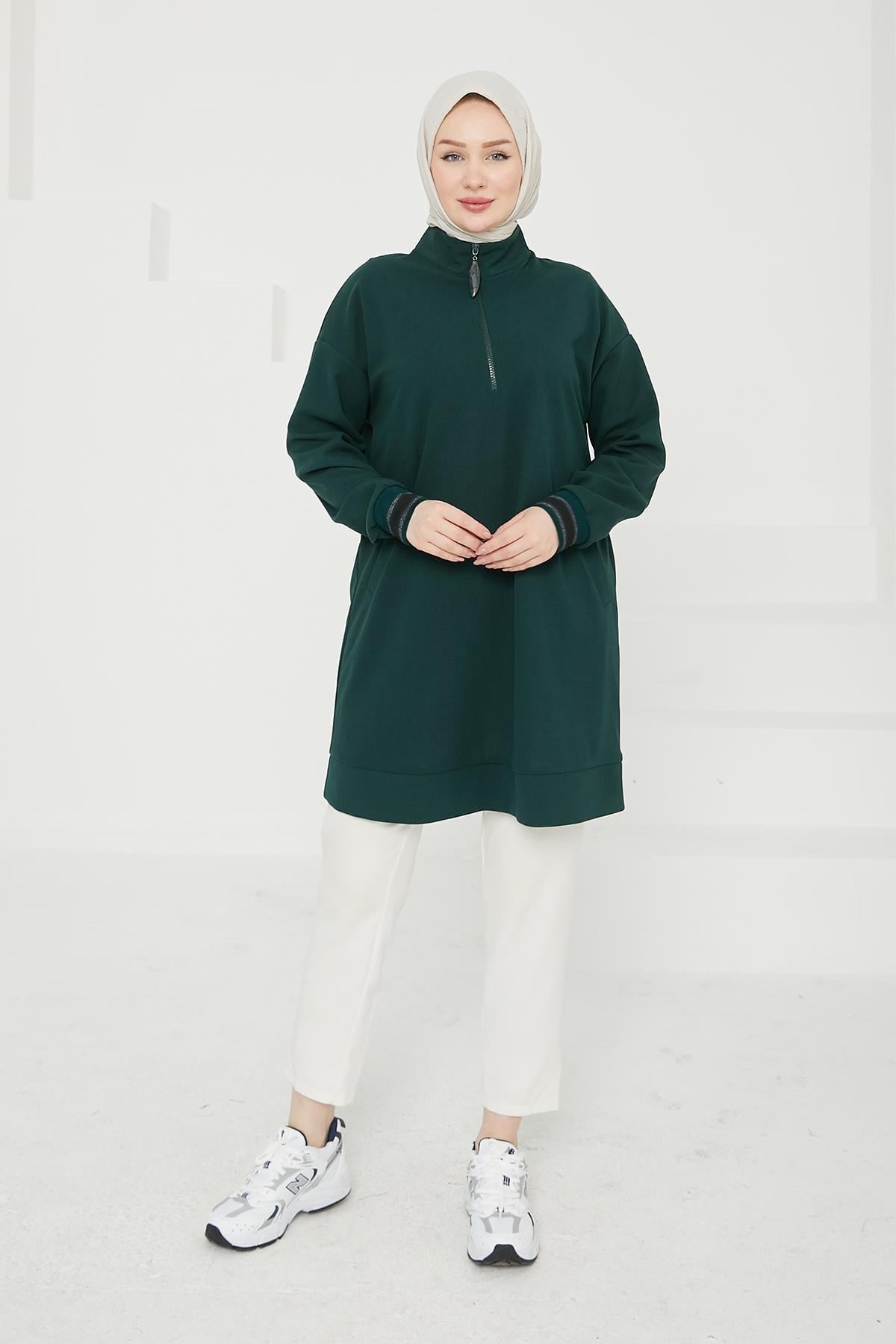 ARMİNE TREND Yarım Fermuarlı Kolları Ribanalı Tunik-Zümrüt 24KT480