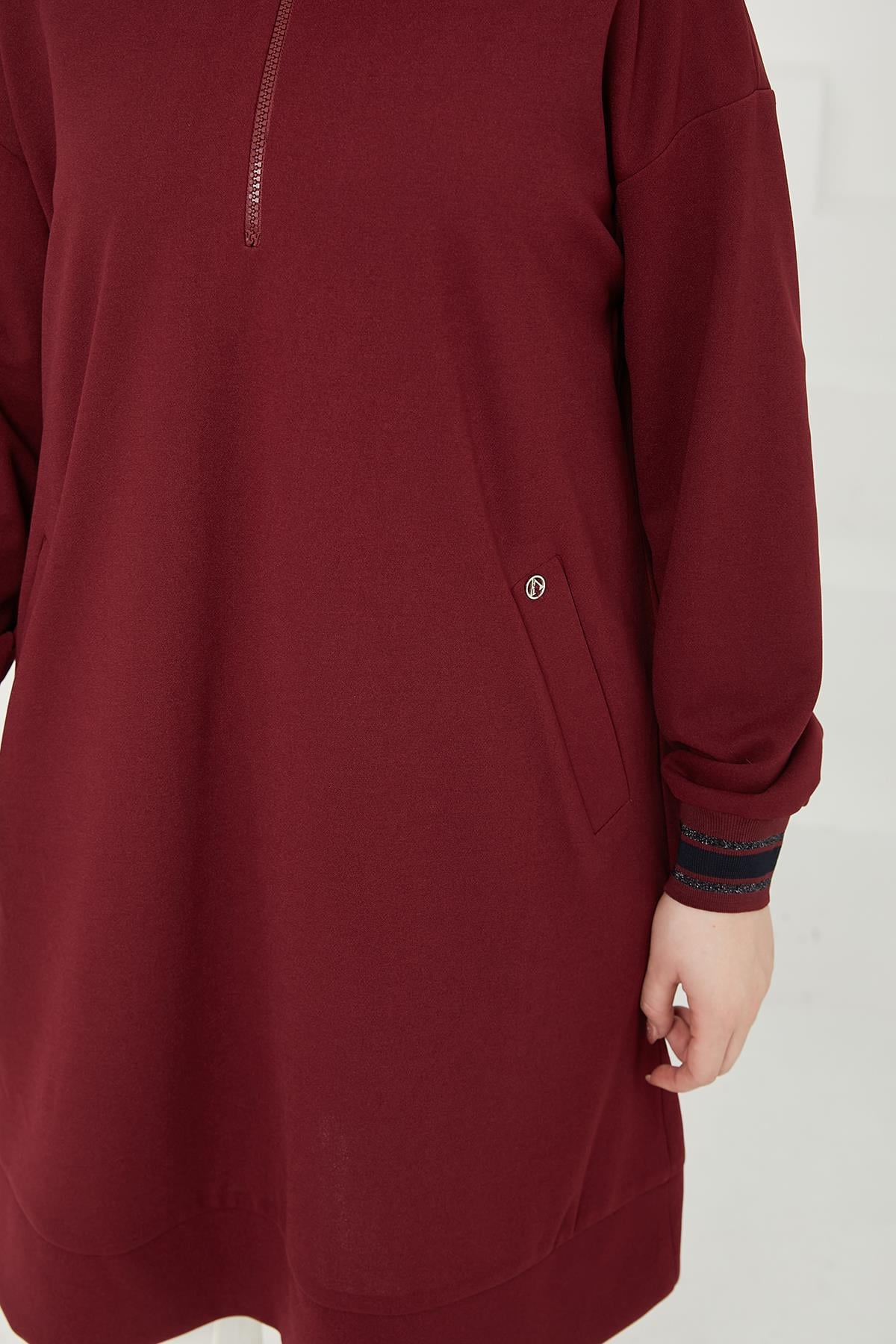 ARMİNE TREND Yarım Fermuarlı Kolları Ribanalı Tunik-Bordo 24KT480