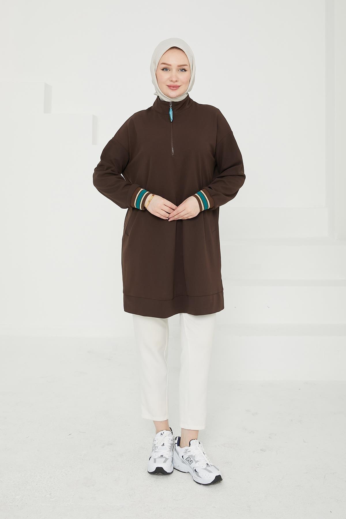 ARMİNE TREND Yarım Fermuarlı Kolları Ribanalı Tunik-Acı Kahve 24KT480