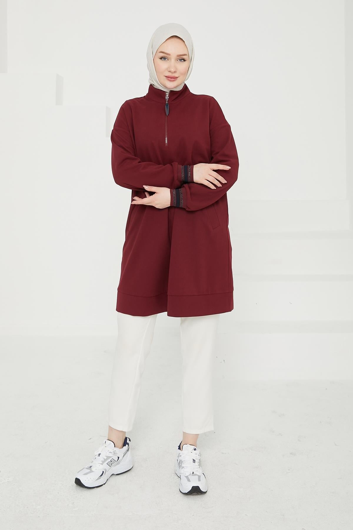 ARMİNE TREND Yarım Fermuarlı Kolları Ribanalı Tunik-Bordo 24KT480