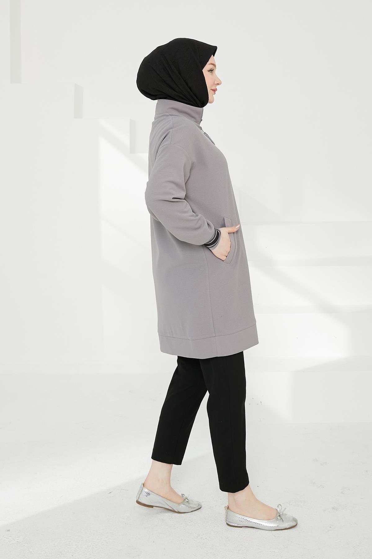 ARMİNE TREND Yarım Fermuarlı Kolları Ribanalı Tunik-Gri 24KT480