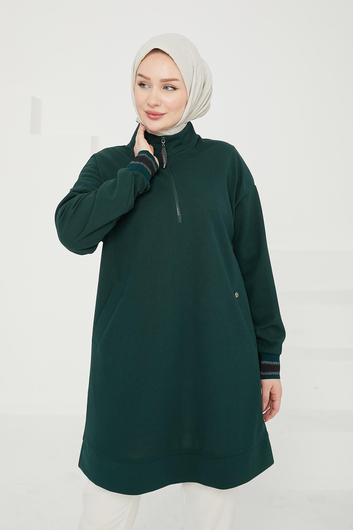 ARMİNE TREND Yarım Fermuarlı Kolları Ribanalı Tunik-Zümrüt 24KT480